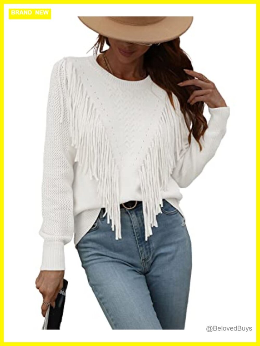 Womens Fringe Tassel Cable Knit Crewneck Pullover Sweater Long Sleeve